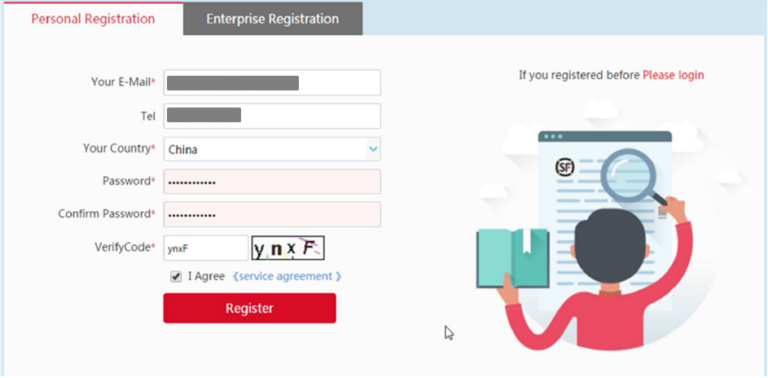 registration and personal account