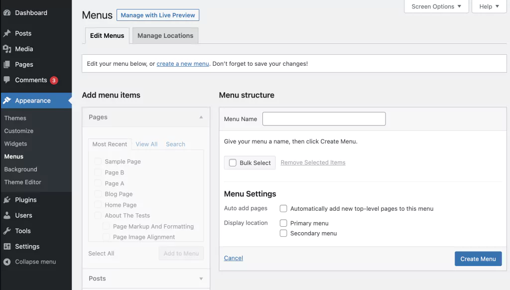 Wordpress dashboard